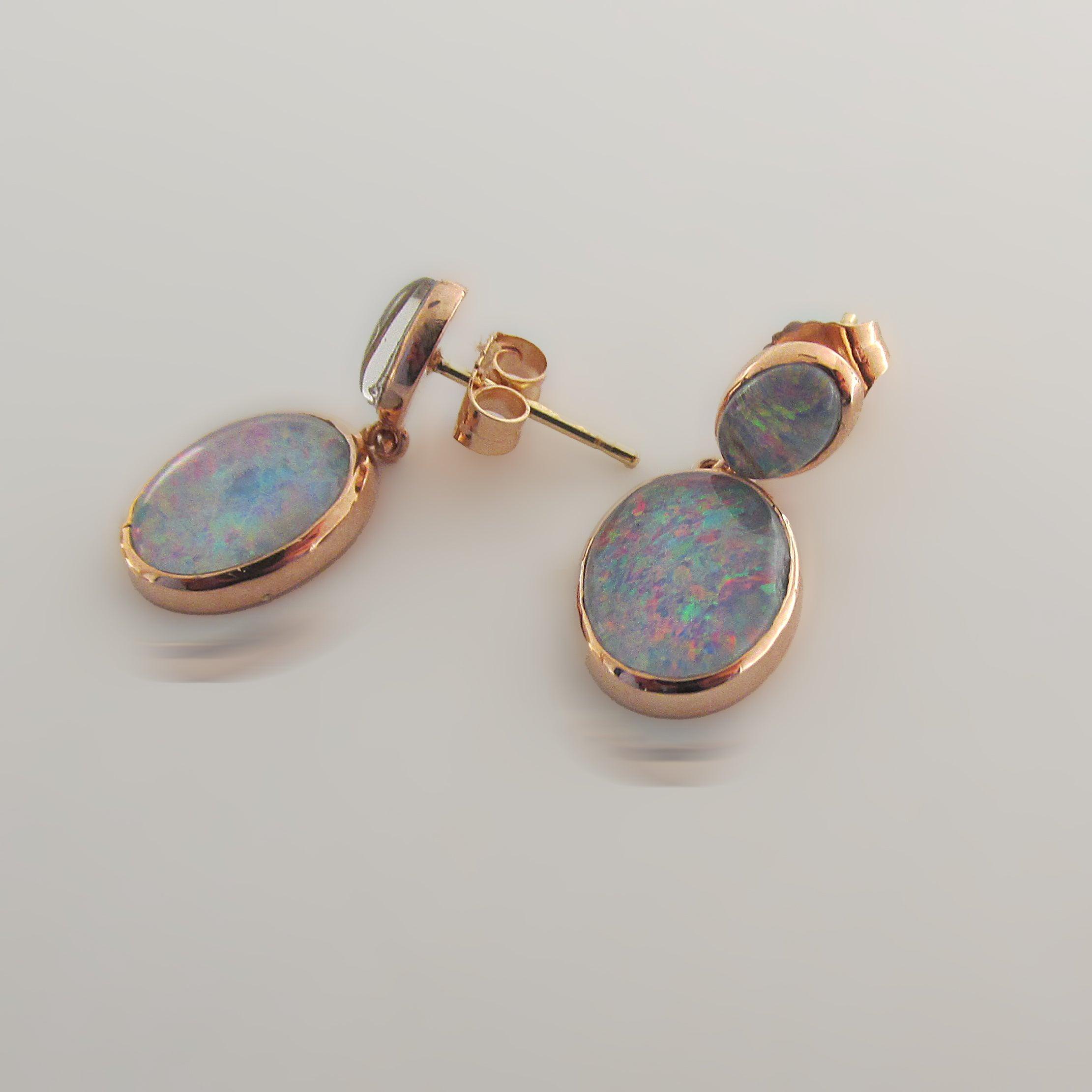 Double Triplet Fire Opal Drop Earrings 14K Rose Gold - Thenetjeweler