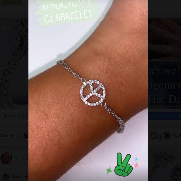 Peace Sign Charm Sterling Silver Double Chain Bracelet - Thenetjeweler