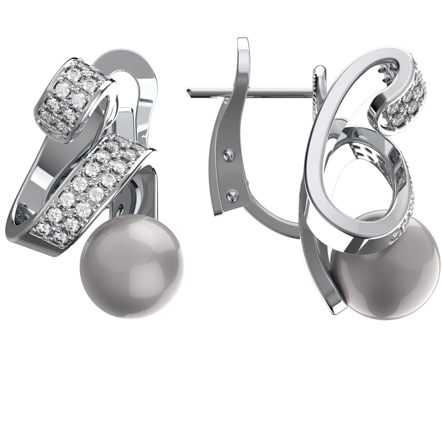 Diamond and Pearl Swirl Omega Earrings - Diamond Earrings