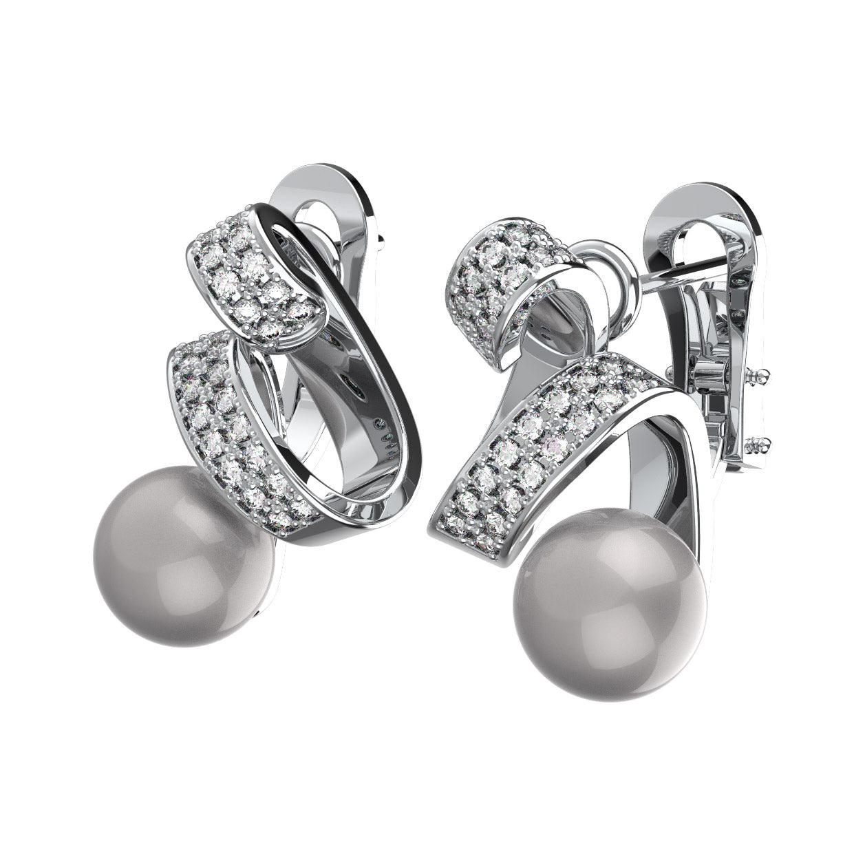 Diamond and Pearl Swirl Omega Earrings - White Gold - Diamond Earrings