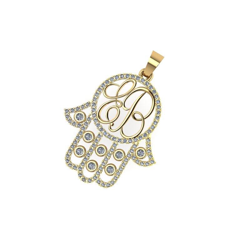 Diamond Hamsa Hand Initial Pendant - Thenetjeweler