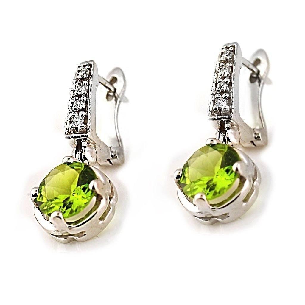 Peridot and Diamond Drop Earrings 14K White Gold - Thenetjeweler