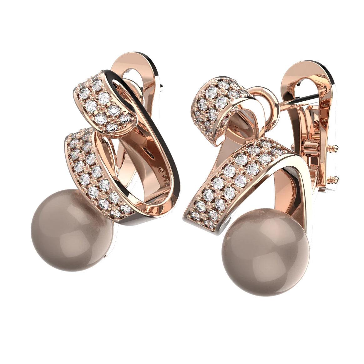 Diamond and Pearl Swirl Omega Earrings - Pink Gold - Diamond Earrings