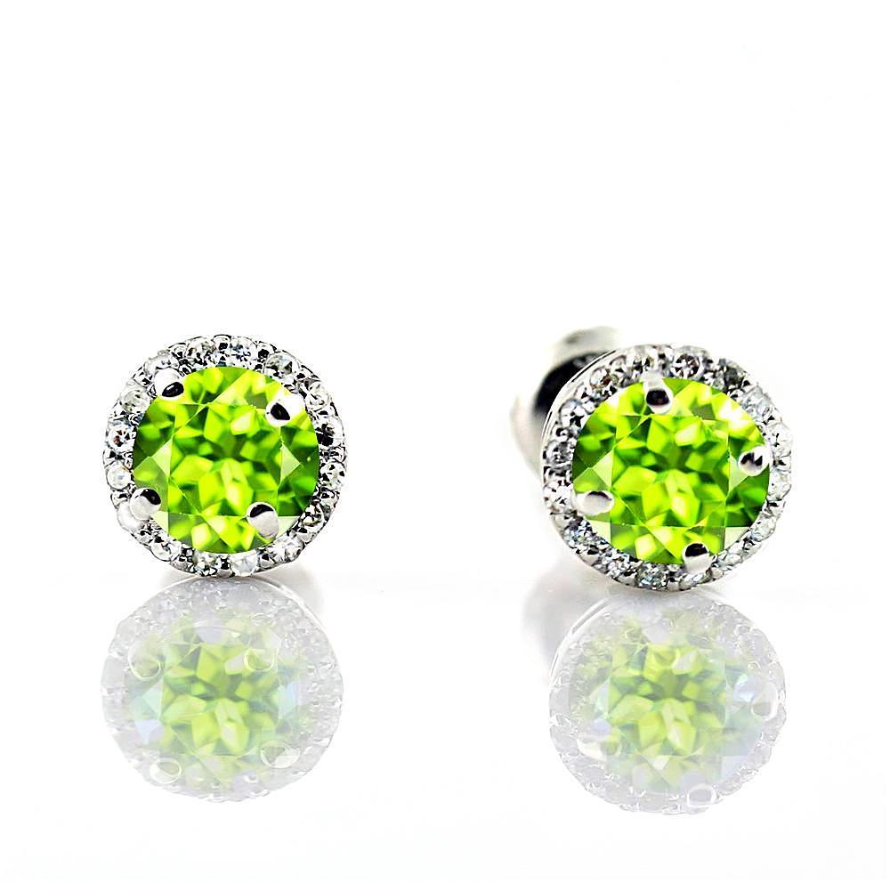 Diamond Halo Peridot Stud Earrings in 18K White Gold Screw Back Butterflies - Thenetjeweler