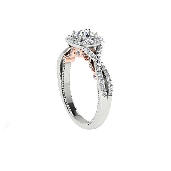 Two Tone Round Diamond Halo Engagement Ring 18K White and Pink Gold - Thenetjeweler