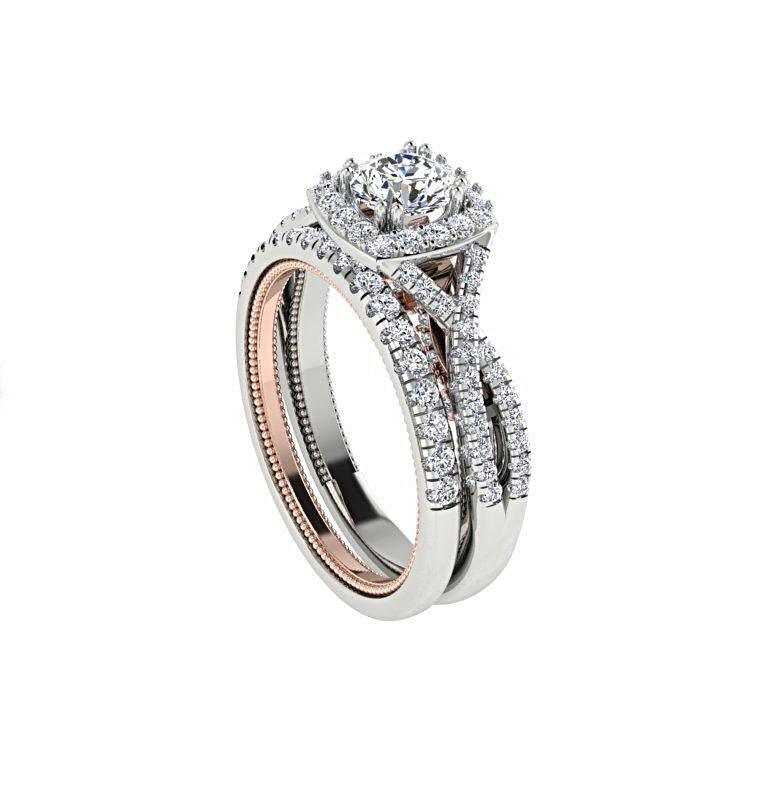 Two Tone Halo Bridal Set 18K Rose White Gold - Thenetjeweler
