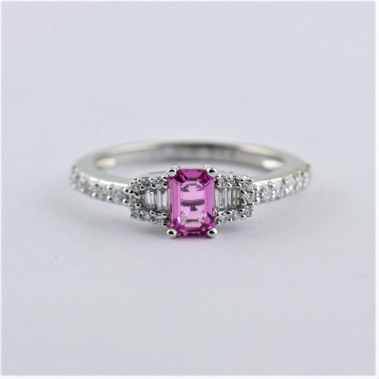Emerald Cut Pink Sapphire Engagement Ring with Diamonds 14K White Gold - Thenetjeweler