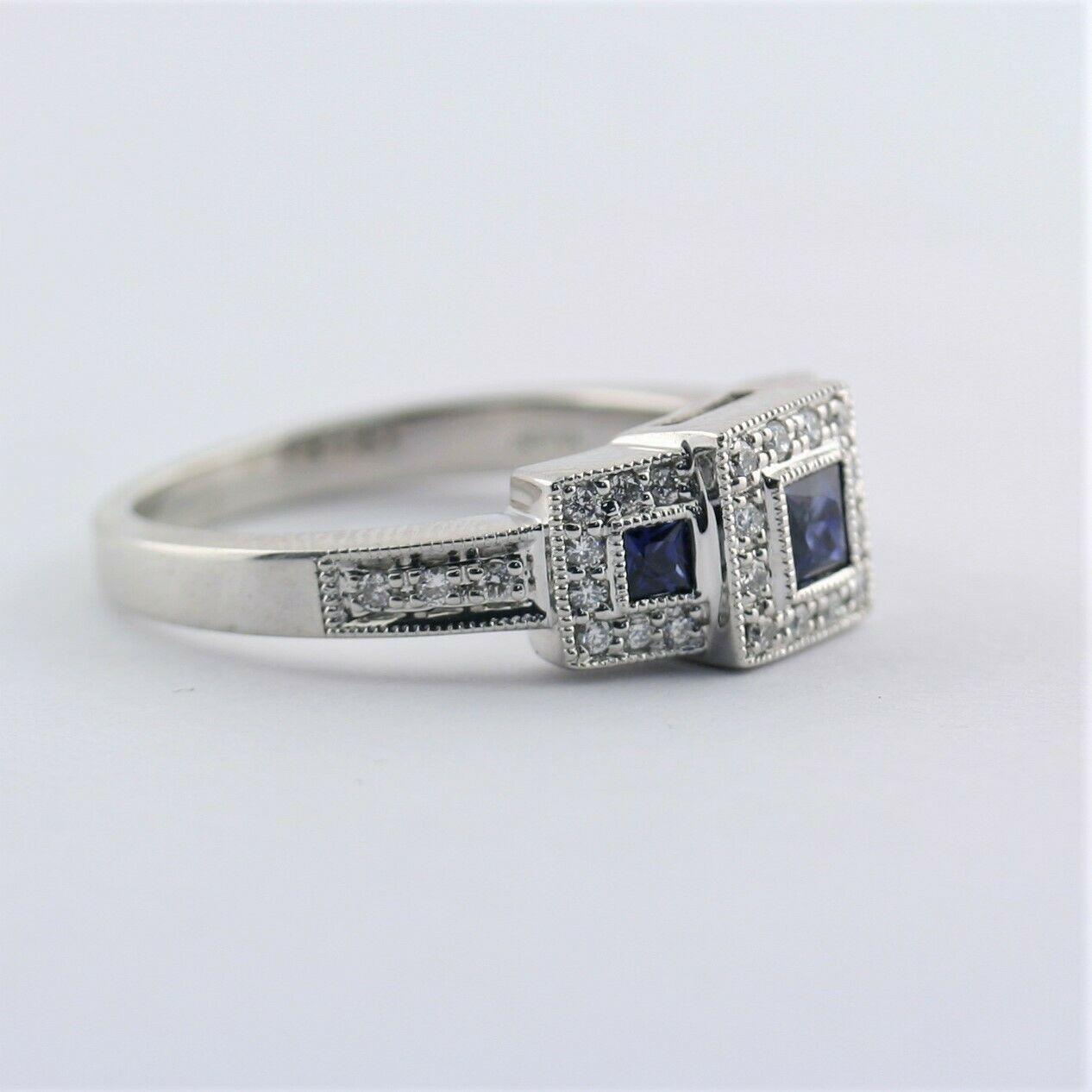 Square Halo Sapphire and Diamond Three Stone Ring 14K White Gold - Thenetjeweler