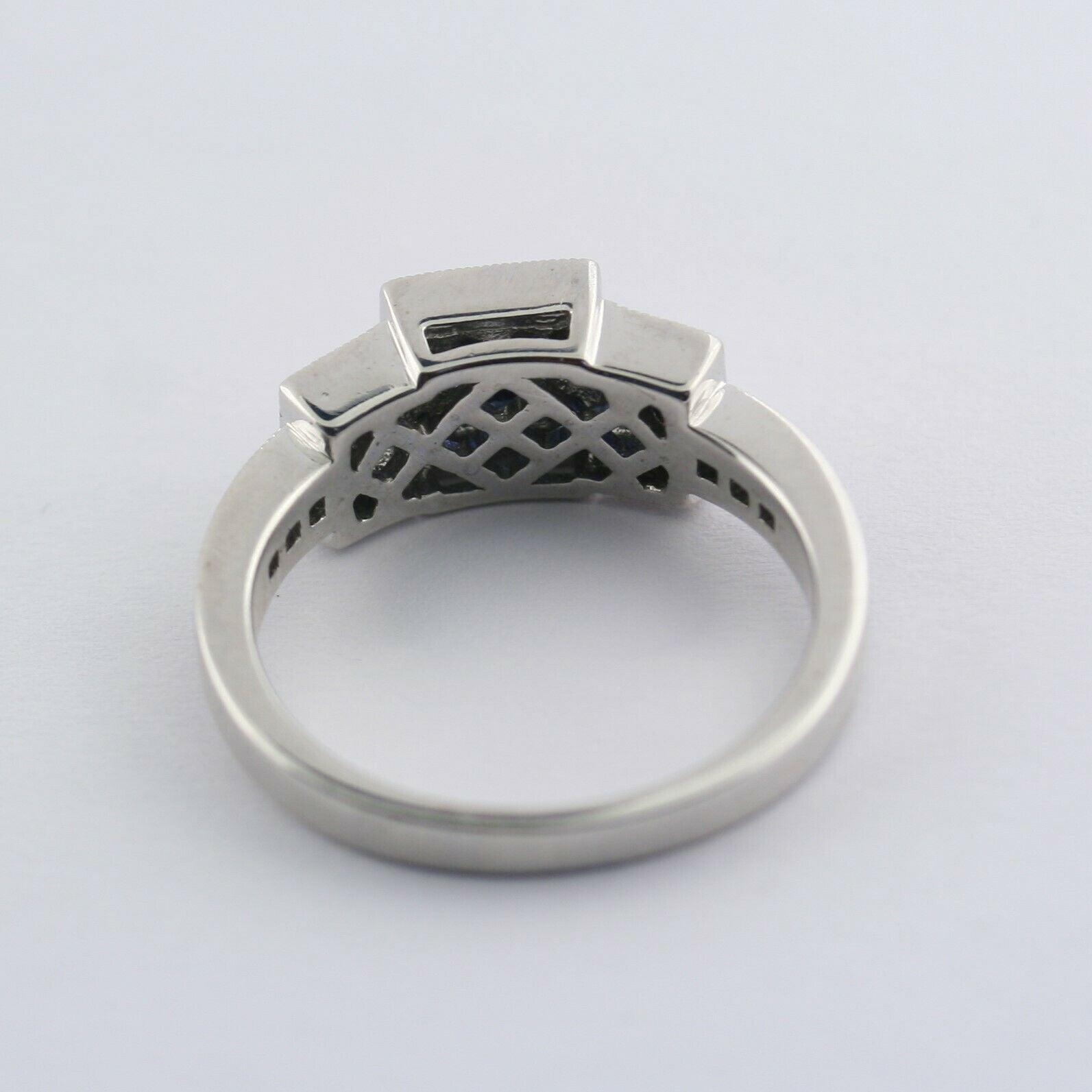 Square Halo Sapphire and Diamond Three Stone Ring 14K White Gold - Thenetjeweler