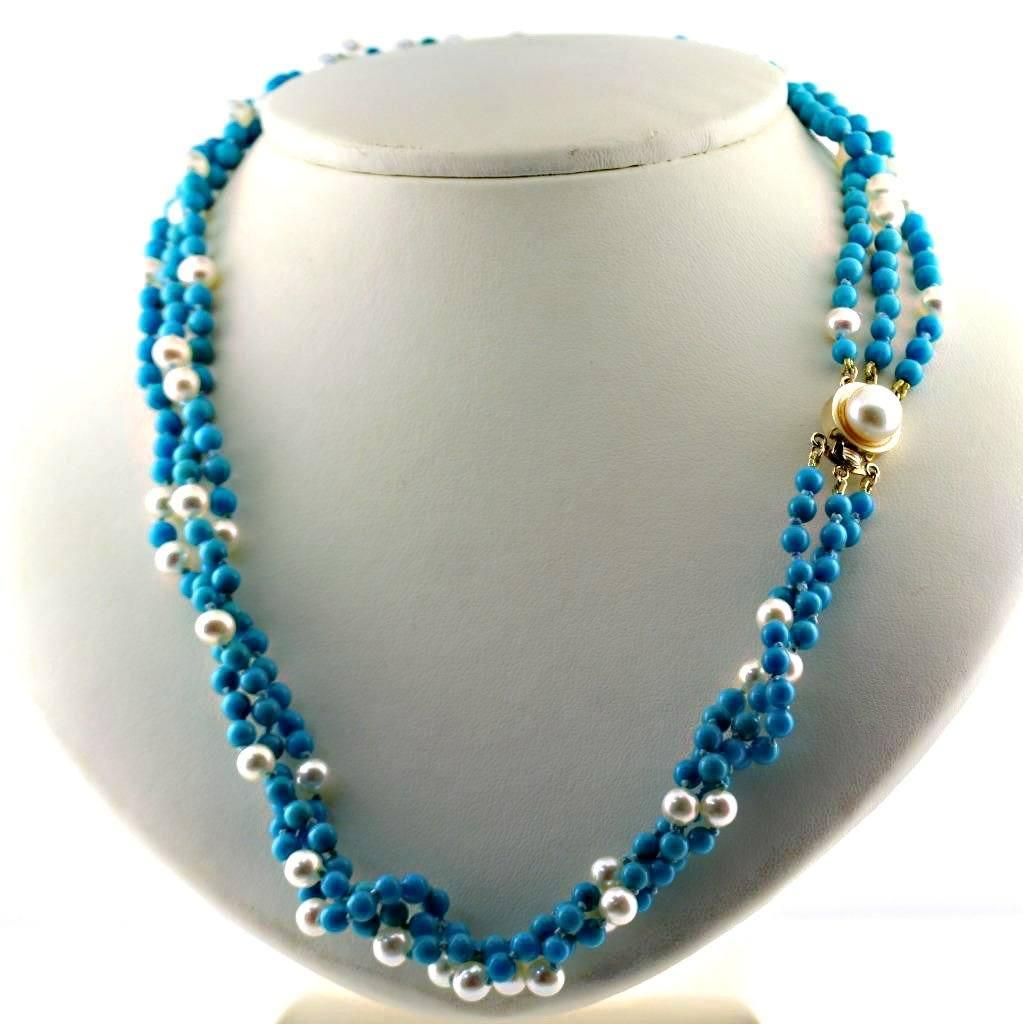 Natural Blue Turquoise and Pearl Necklace - Thenetjeweler