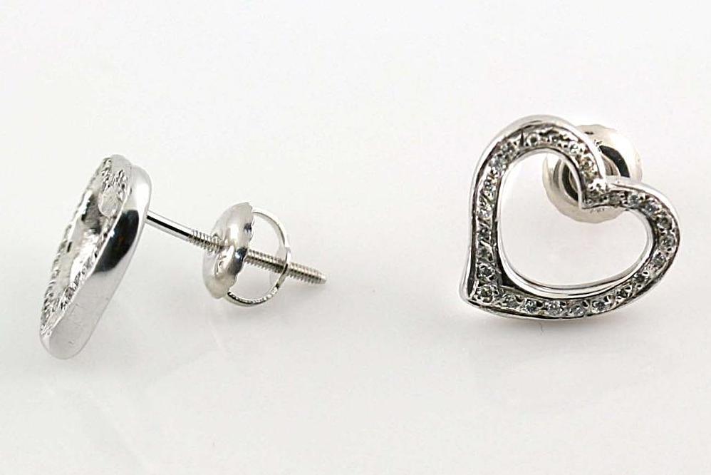 Diamond Heart Stud Earrings 14k White Gold Screw Back - Thenetjeweler