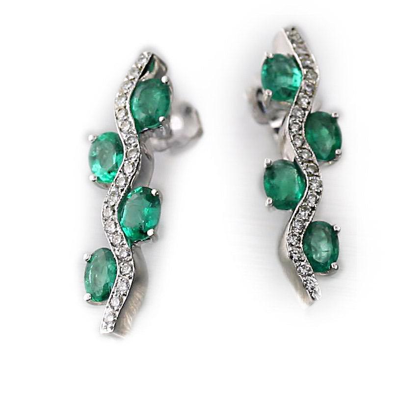 Emerald and Diamond White Gold Earrings - Thenetjeweler