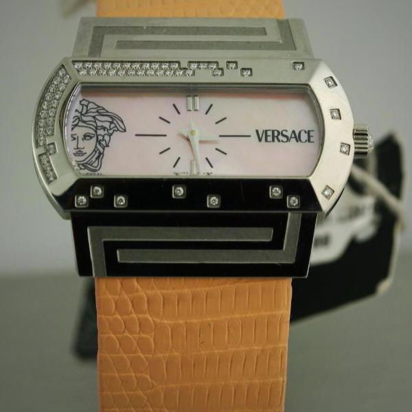 Ladies Diamond Watch PSQ91 VERSACE Hippodrome Stainless Steel Lizard Leather MOP - Thenetjeweler