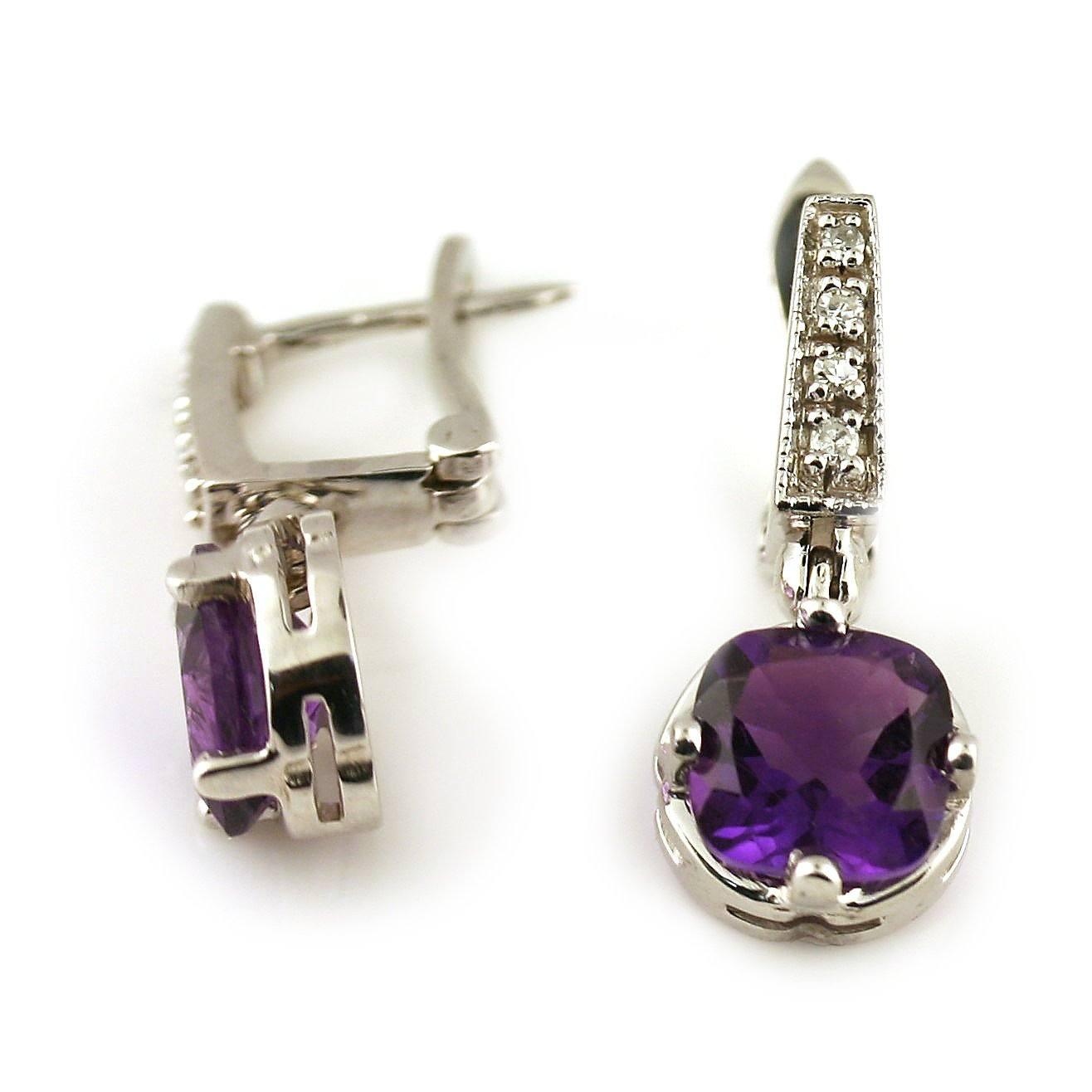 Amethyst and Diamond Drop Earrings 14K White Gold - Thenetjeweler