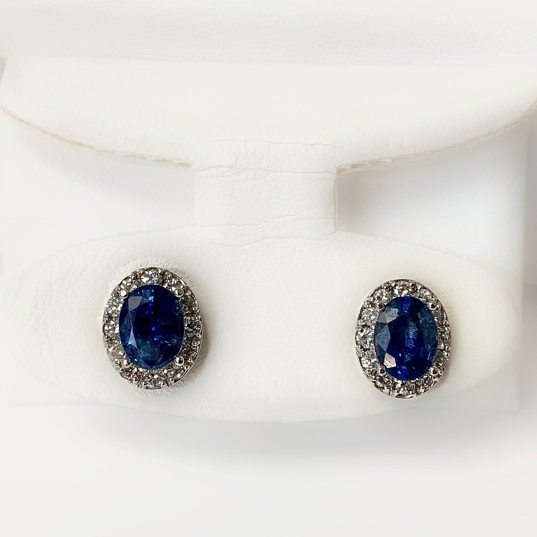 Oval Sapphire Diamond Halo Stud Earrings White Gold - Thenetjeweler