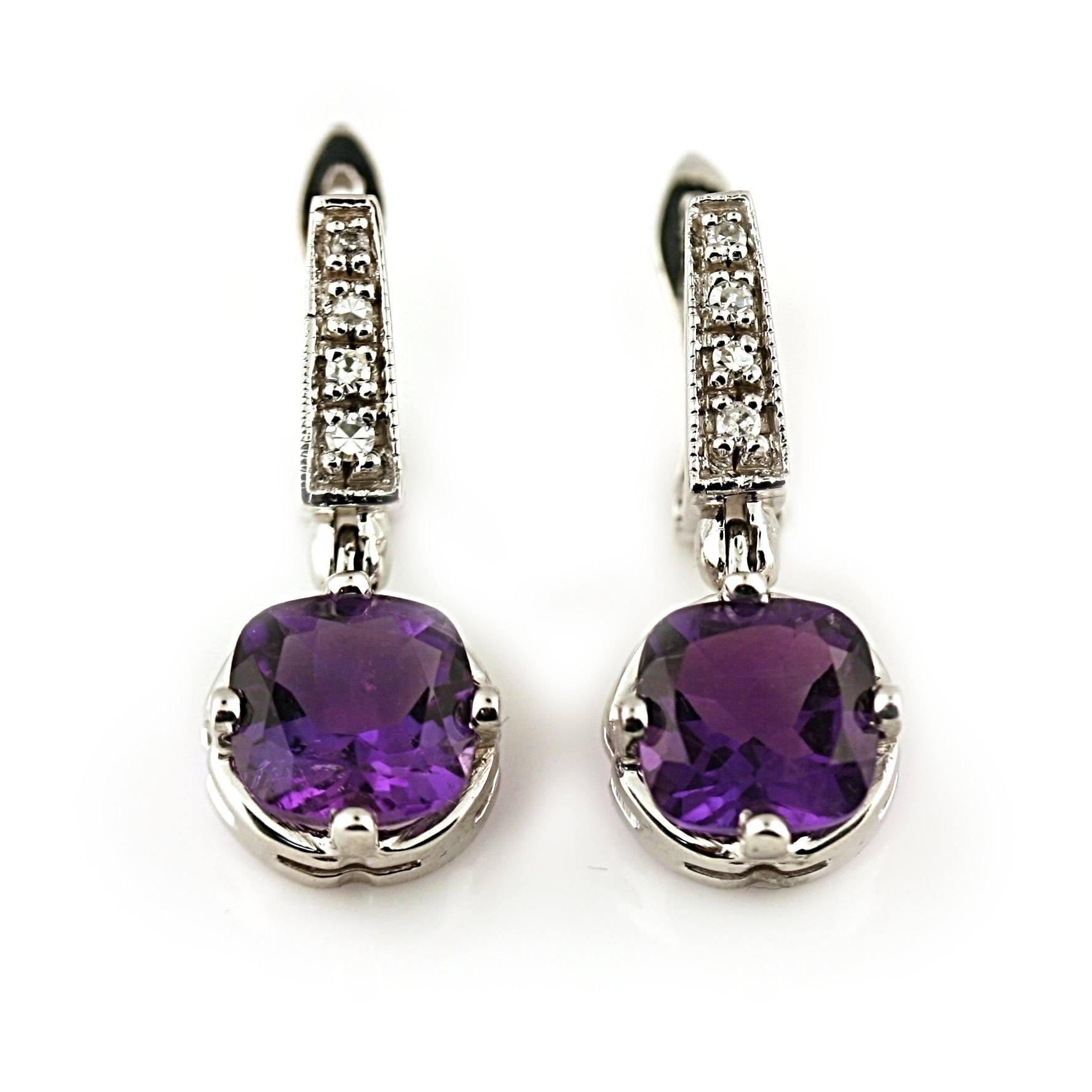 Amethyst and Diamond Drop Earrings 14K White Gold - Thenetjeweler