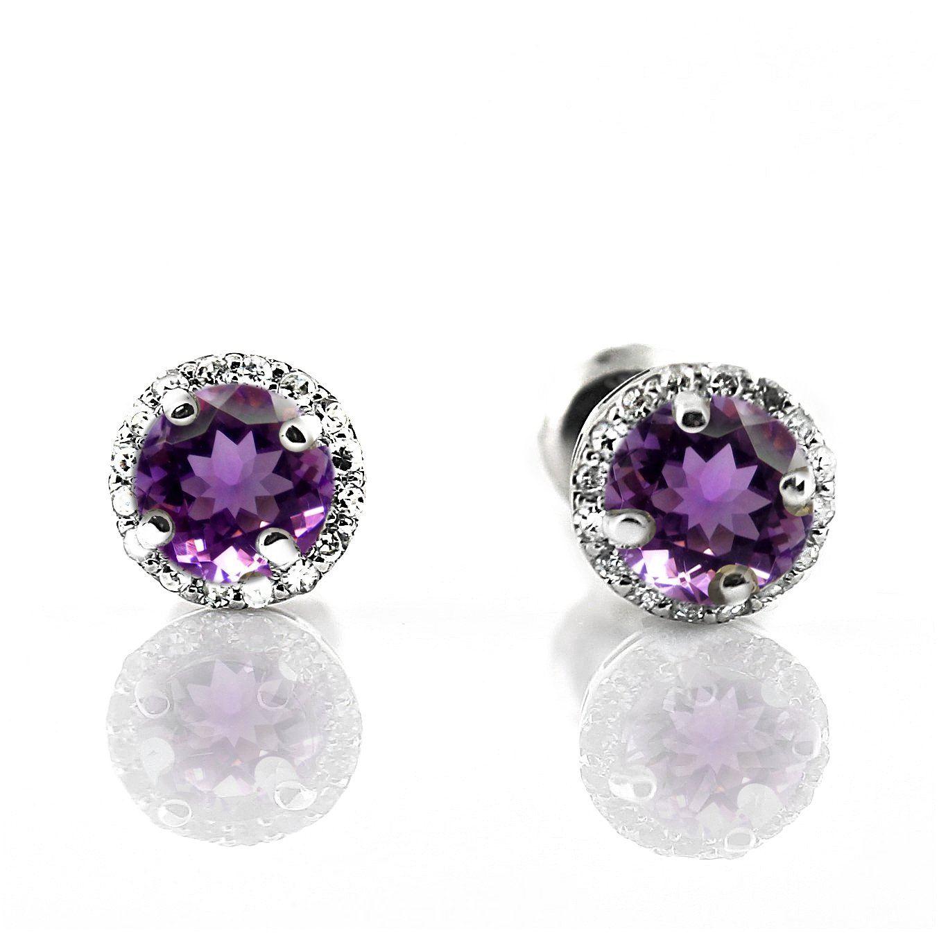 Diamond Halo Amethyst Stud Earrings in 18K White Gold Screw Back Butterflies - Thenetjeweler