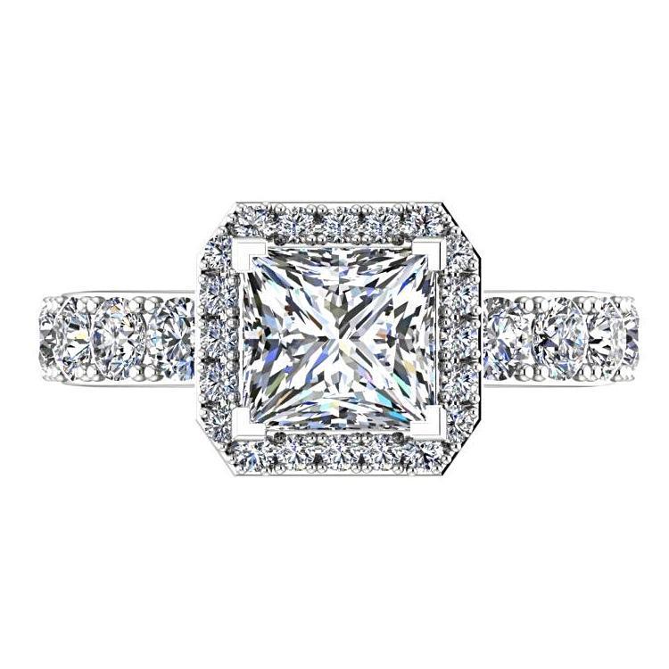 Princess Halo Diamond Engagement Ring with Side Stones 18K White Gold - Thenetjeweler