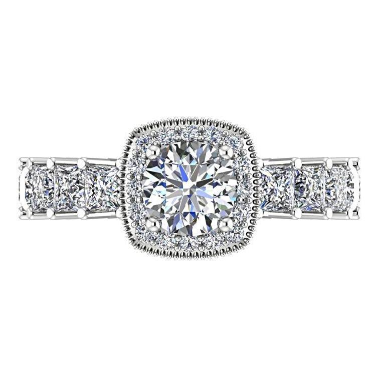 Round Diamond Halo with Princess Cut Side Stones Engagement Ring 18K White Gold - Thenetjeweler