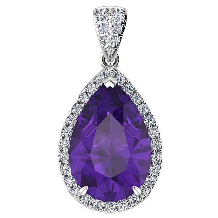 Pear Shaped Amethyst and 0.35c Diamond Halo Pendant Necklace 14K White Gold - Thenetjeweler