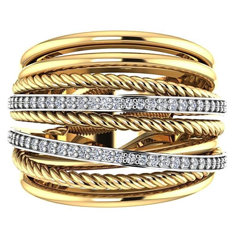 Multi-Band Twist and Diamond Crossover Ring 18K Yellow Gold - Thenetjeweler