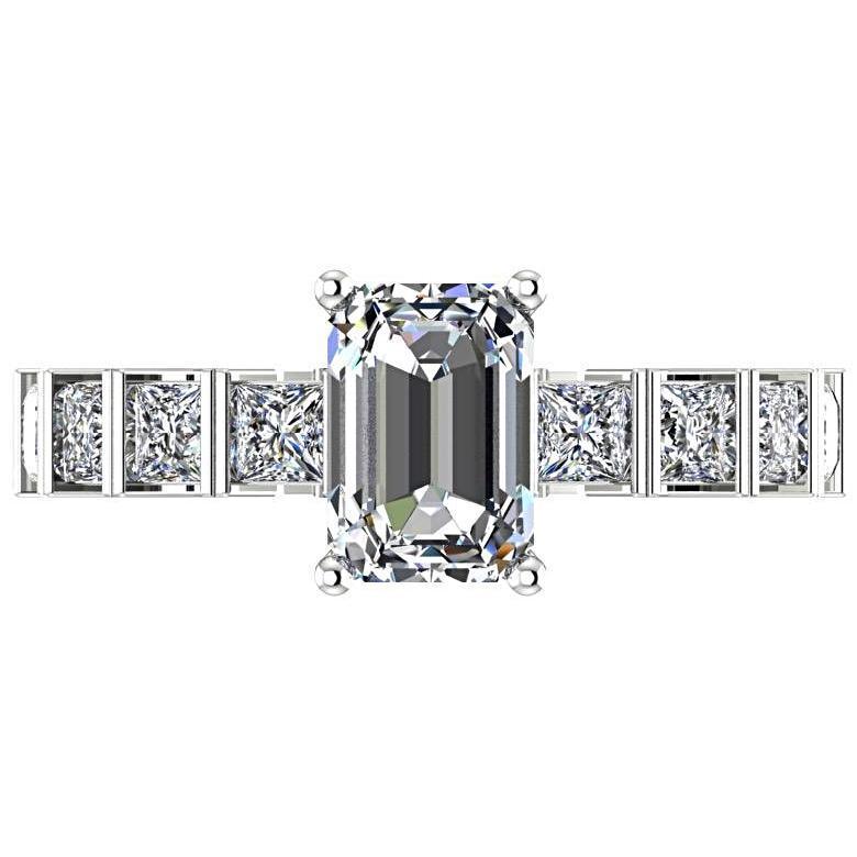 Emerald Diamond Engagement Ring with Princess Side Stones 18K White Gold - Thenetjeweler