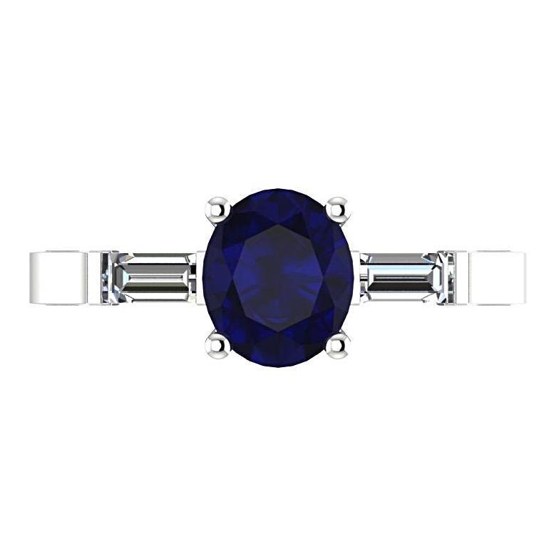 Oval Sapphire with Diamond Baguette Side Stones Ring 14K White Gold - Thenetjeweler