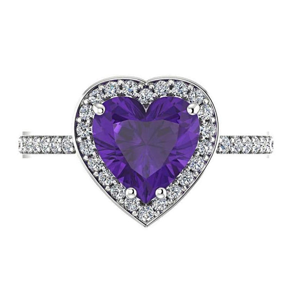Heart Shaped Amethyst Halo Diamond Ring 14K White Gold - Thenetjeweler