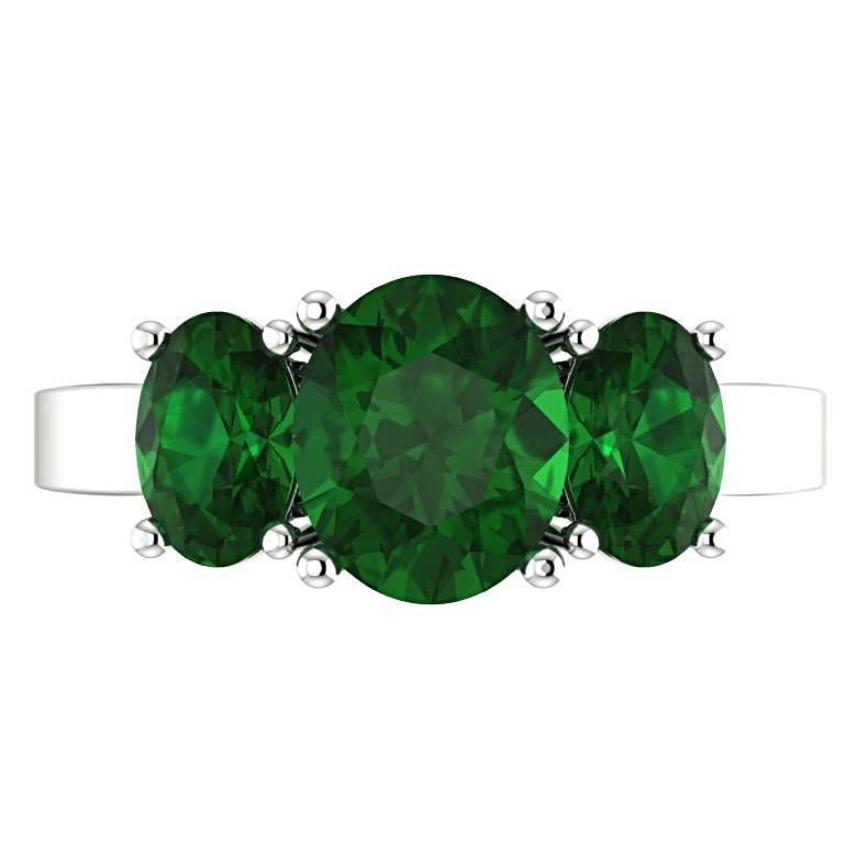 Emerald Three Stone Ring 14K White Gold - Thenetjeweler