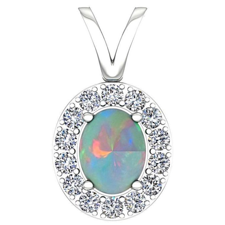 Opal and Diamond Halo Pendant Necklace 14K White Gold - Thenetjeweler