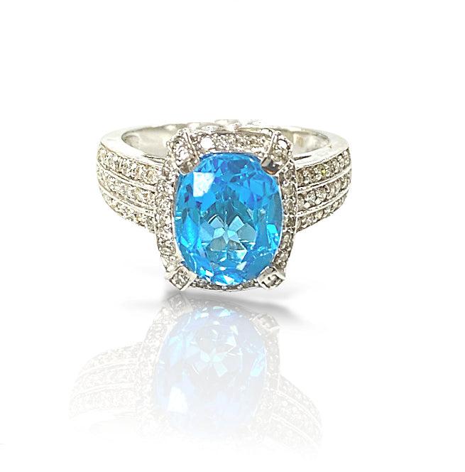 Blue Topaz Diamond Halo Ring - Thenetjeweler