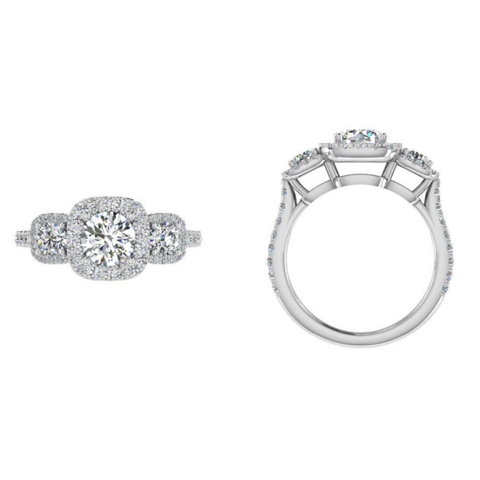 3 Stone Diamond Halo Engagement Ring - Thenetjeweler