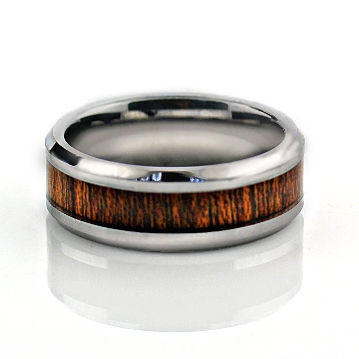 Tungsten Mahogany Hard Wood Inlay Beveled Ring Wedding Band - Thenetjeweler