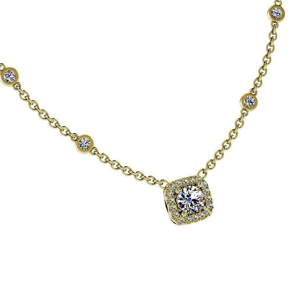Cushion Halo Diamond station Necklace in 18K Gold