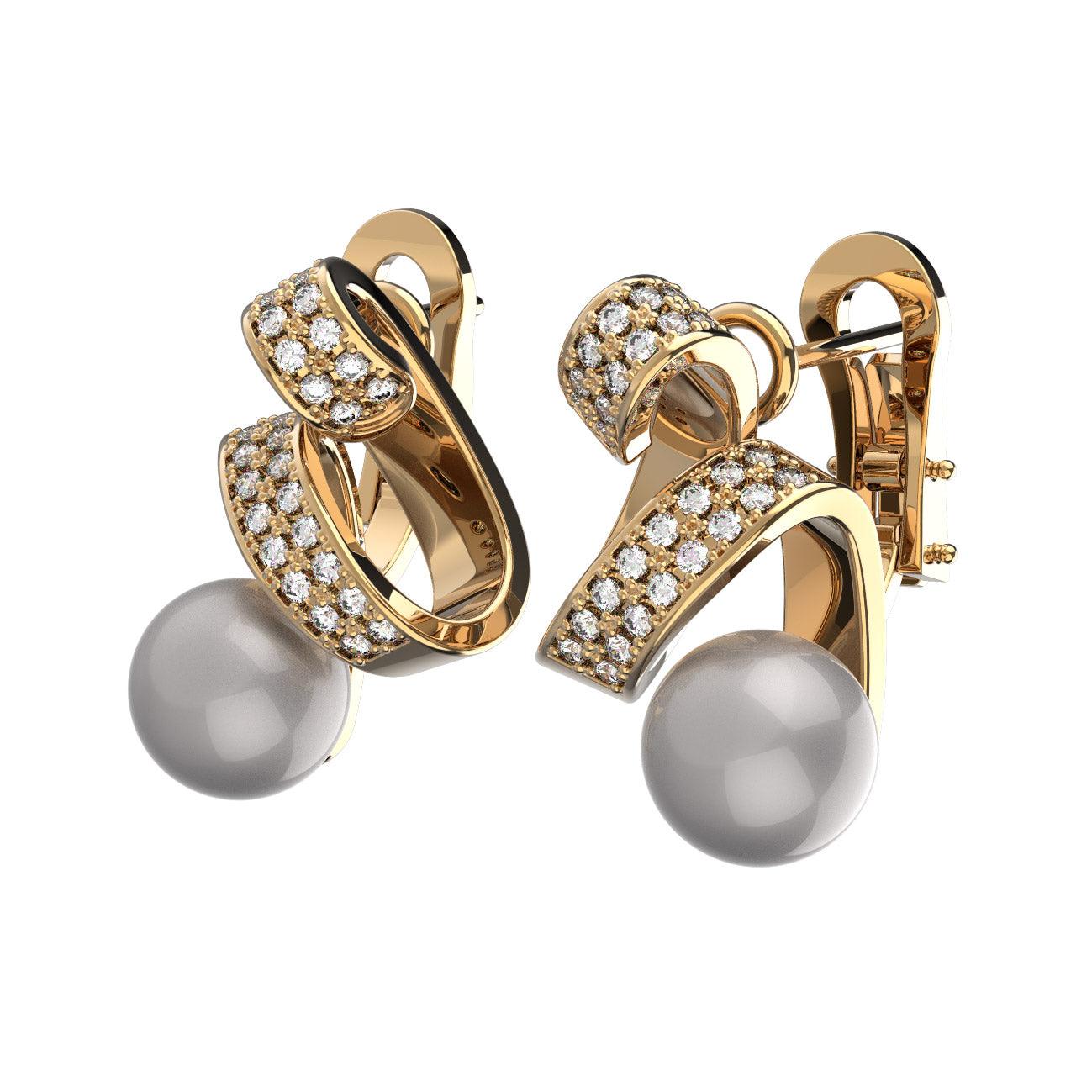 Diamond and Pearl Swirl Omega Earrings - Yellow Gold - Diamond Earrings