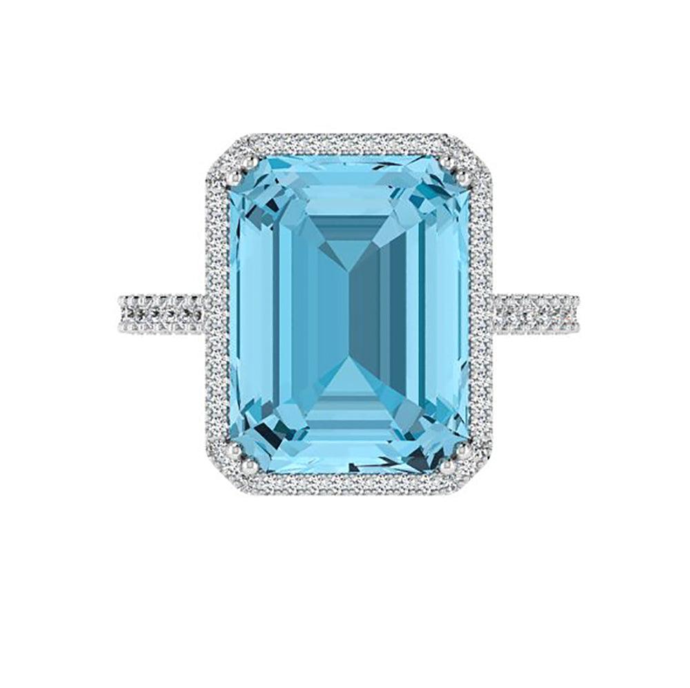 Emerald-Cut Blue Topaz Halo Ring - Thenetjeweler