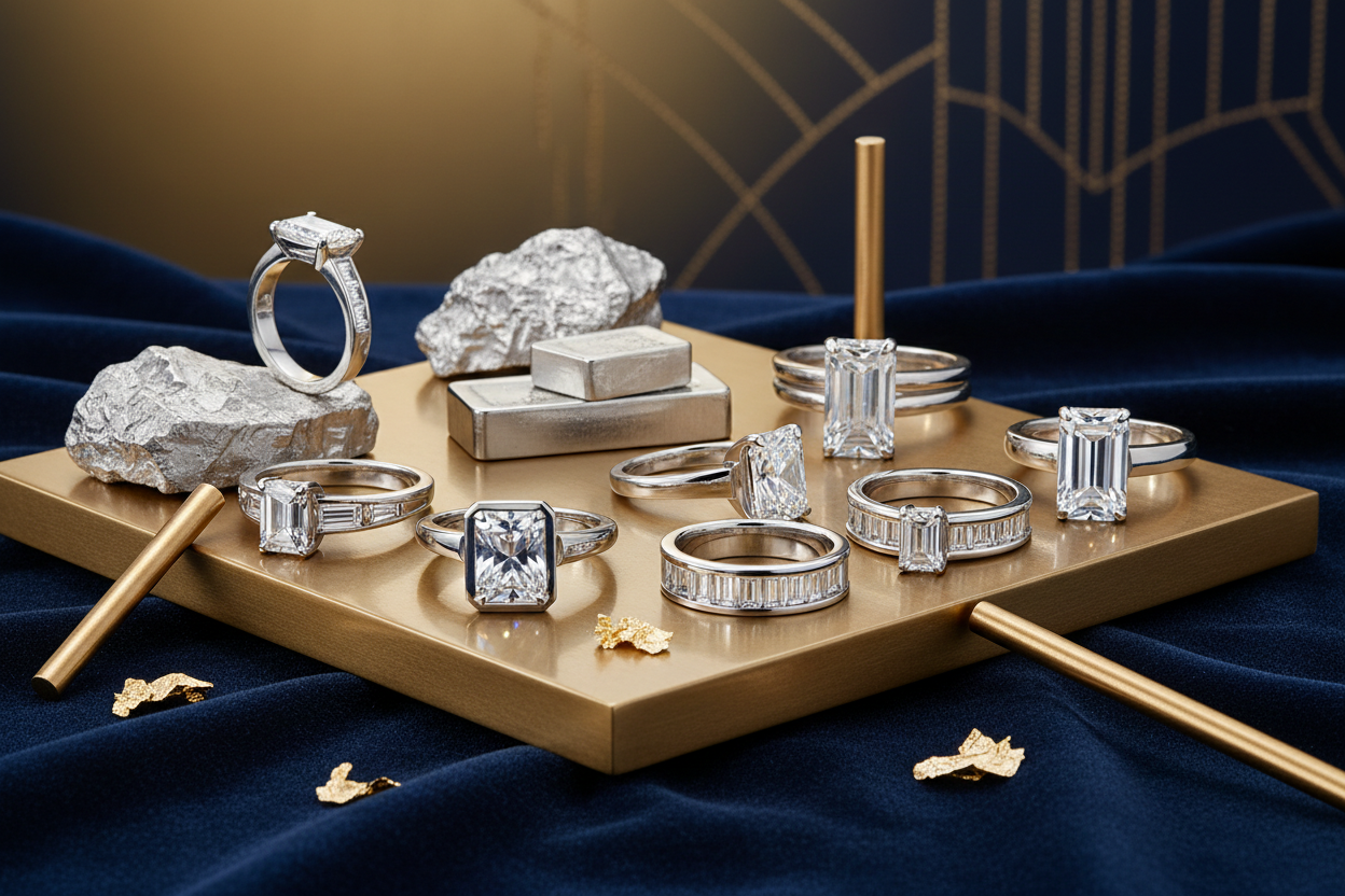 Platinum and white gold jewelry comparison showing engagement rings and fine jewelry pieces