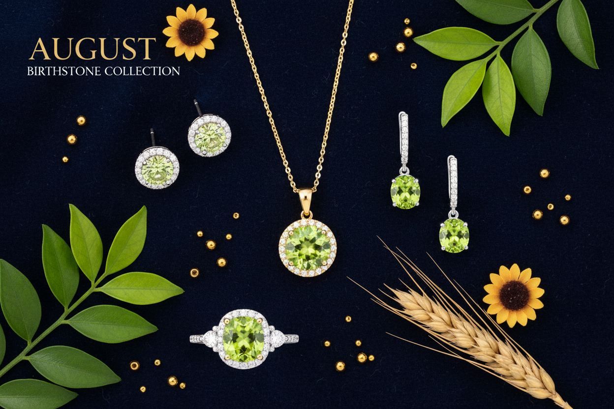 Peridot jewelry for August birthdays - green peridot rings, necklaces and earrings in gold