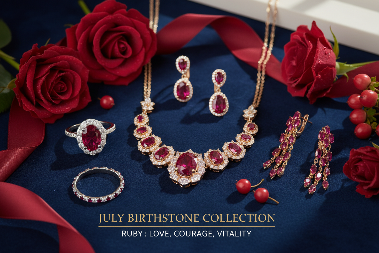 Ruby jewelry for July birthdays - red ruby rings, necklaces and earrings in gold