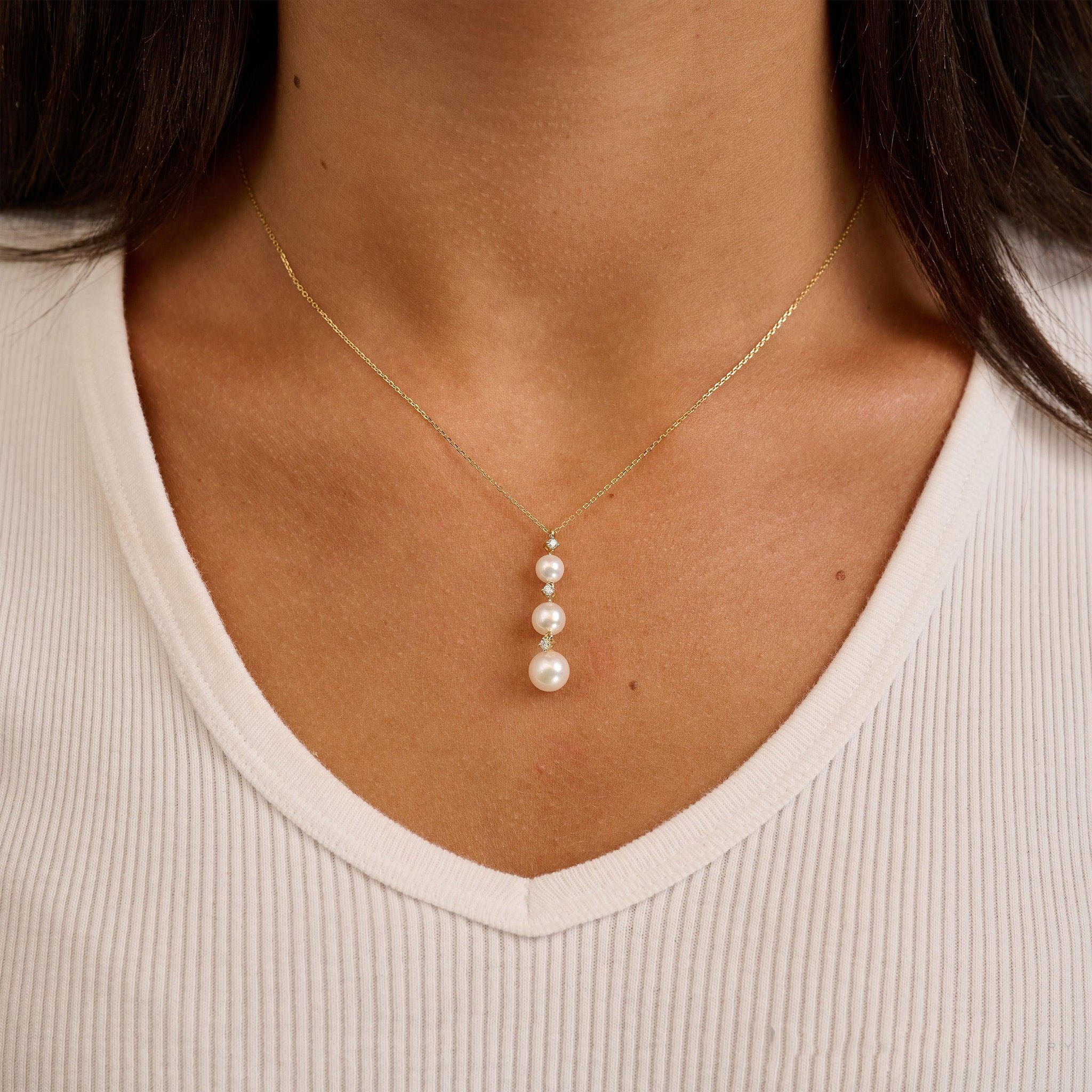 Pearls and Diamonds Triple Drop Pendant Necklace - Thenetjeweler