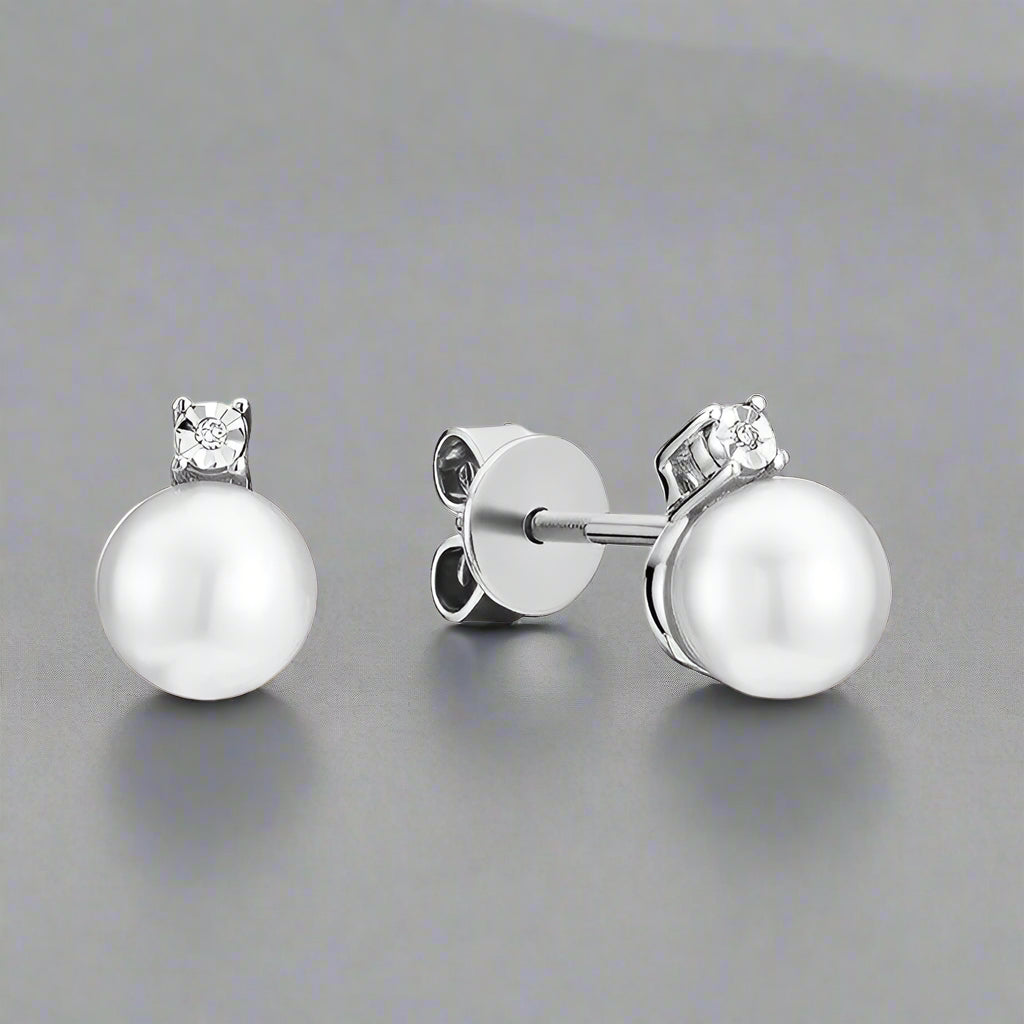 Cultured Pearl Diamond Accent Stud Earrings - Thenetjeweler