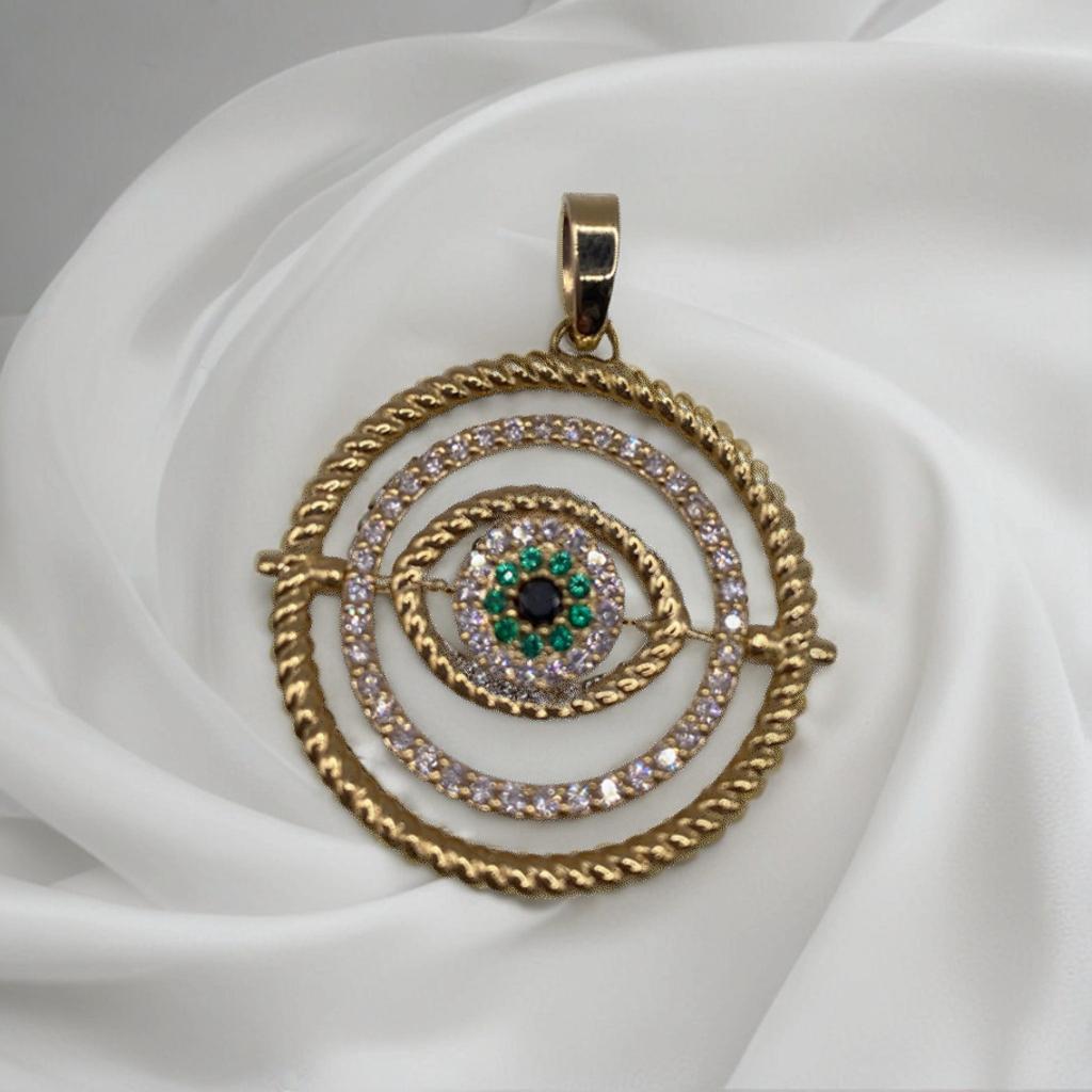 14K Gold Evil Eye Pendant with Diamond and Emeralds - TheNetJeweler