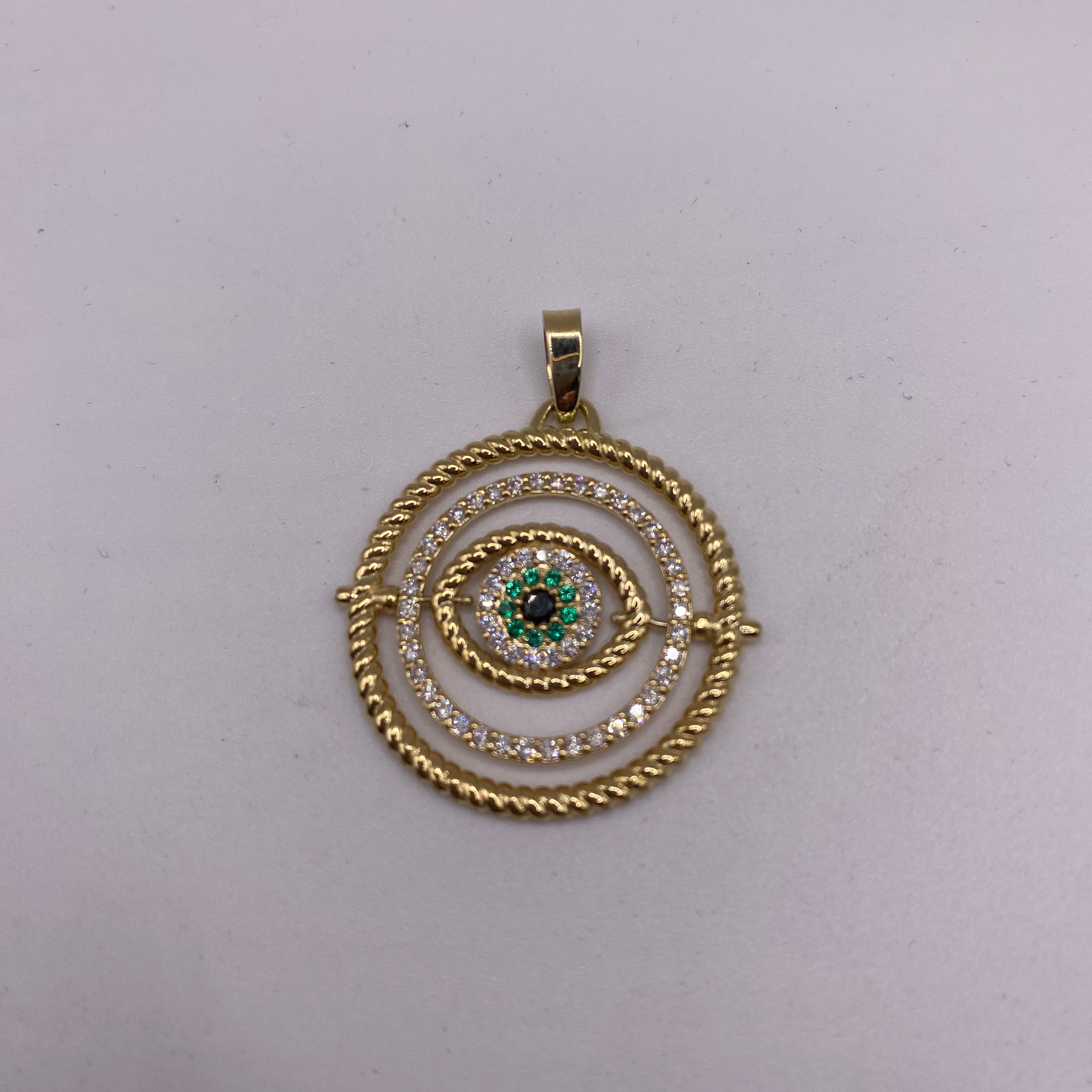 14K Gold Evil Eye Pendant with Diamond and Emeralds - TheNetJeweler