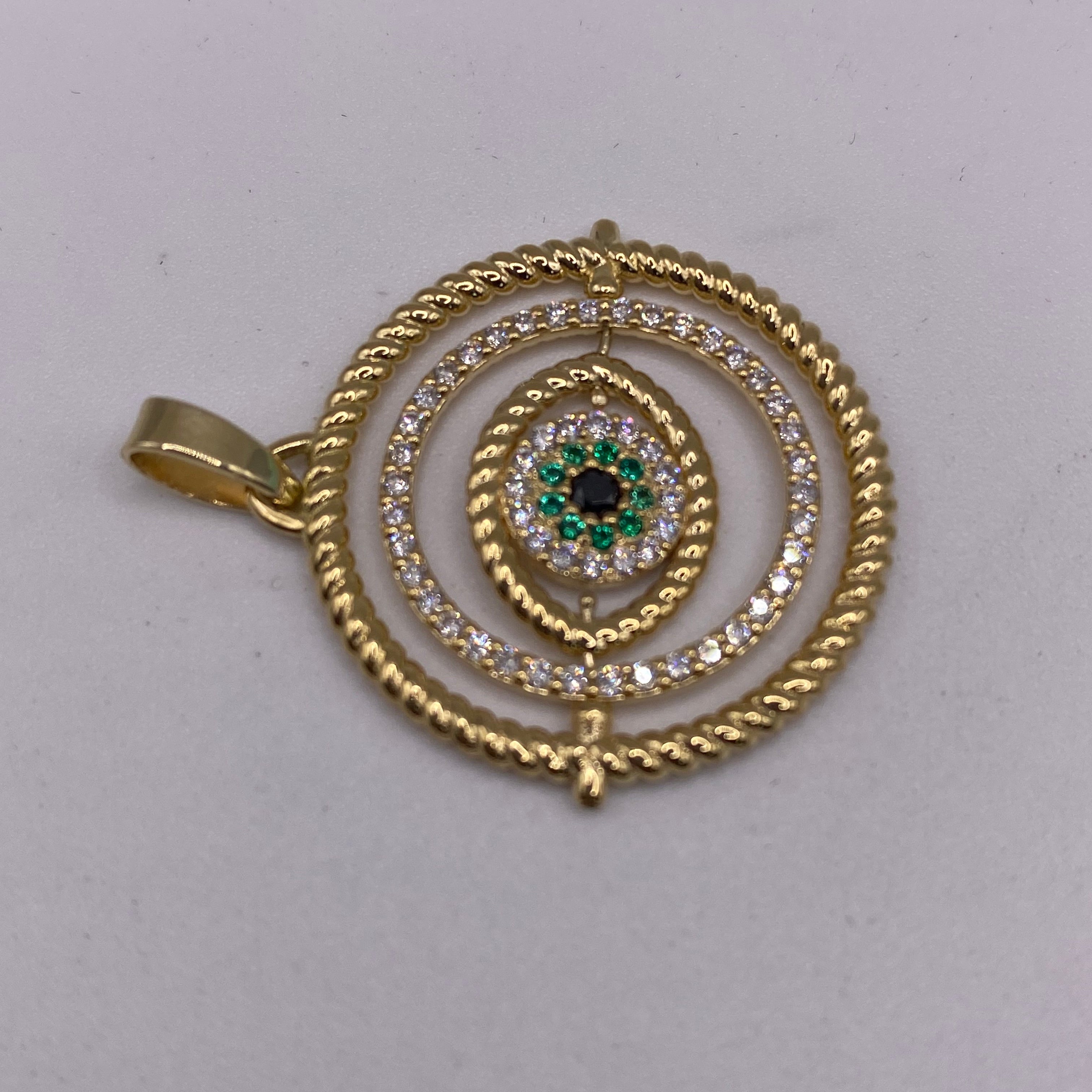 14K Gold Evil Eye Pendant with Diamond and Emeralds - TheNetJeweler