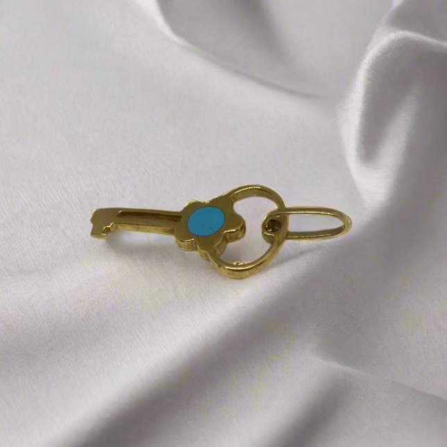 14K Yellow Gold Blue Enamel Flower Key Pendant - Thenetjeweler
