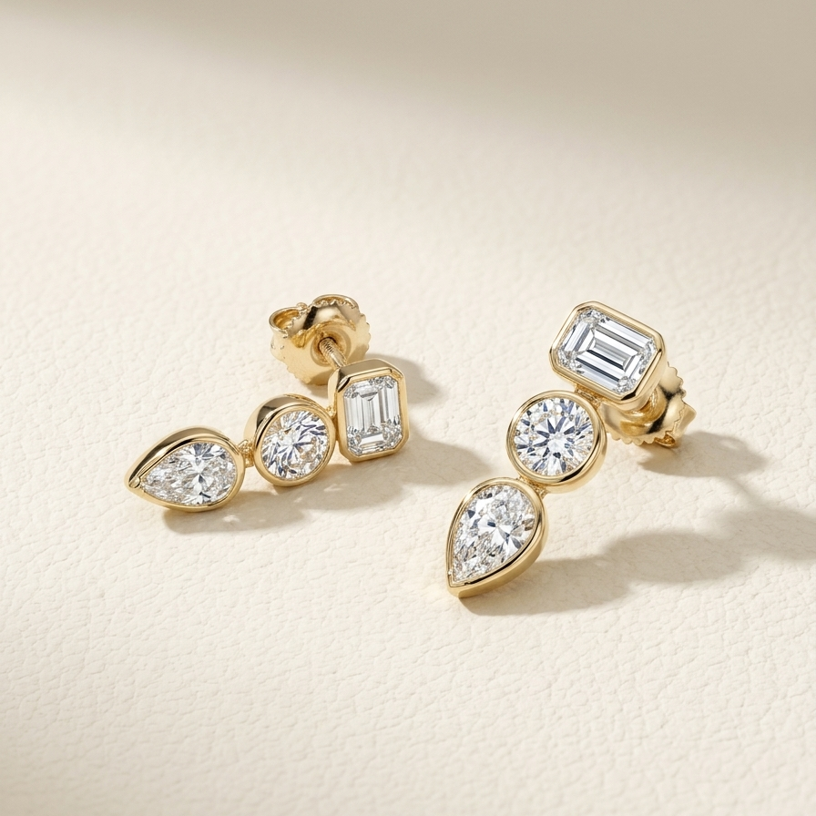 14K Yellow Gold Multi-Shape Diamond Drop Earrings