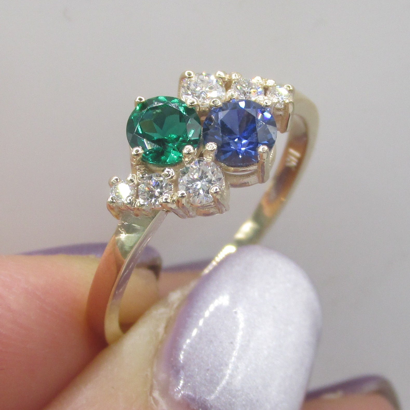 14K yellow gold cluster ring with lab-grown gemstones and VVS diamonds - side view