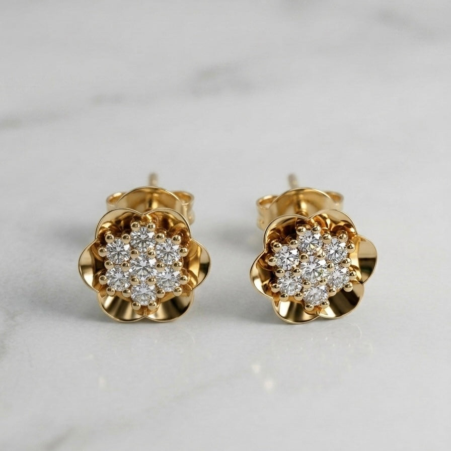 14K yellow gold lab-grown diamond floral stud earrings with scalloped petal cluster setting