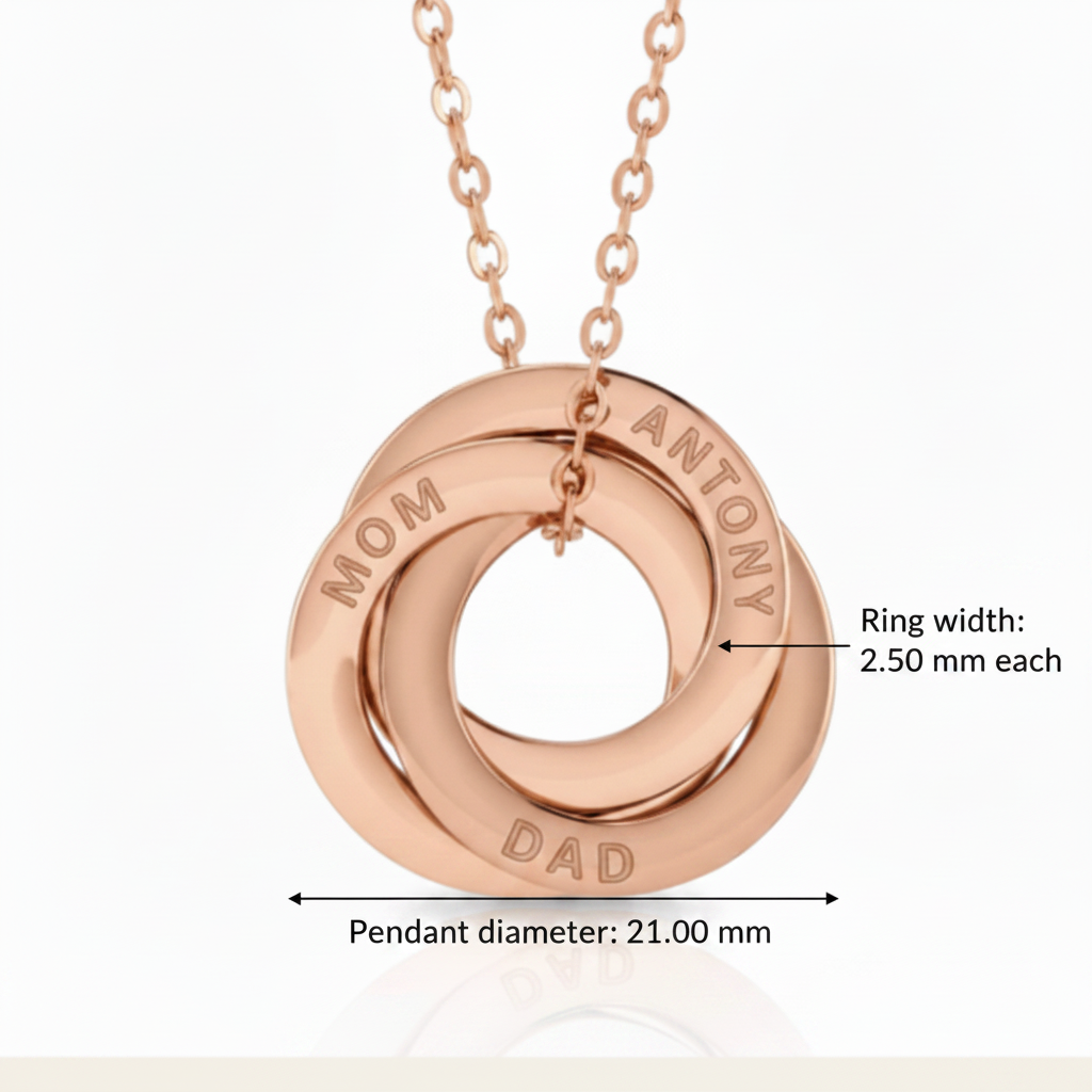 14k Rose Gold 3 Interlocking Rings Necklace with Measurements