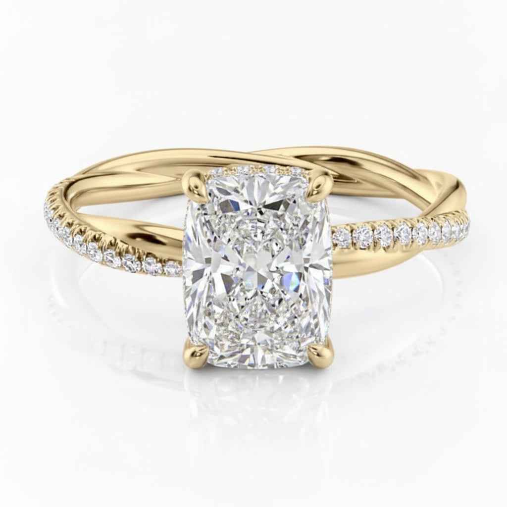 18K Yellow Gold Twisted Band Engagement Ring | Hidden Halo | 4ct Cushion Diamond